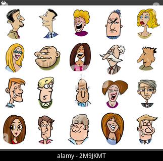 Illustration de dessin animé de personnages différents drôle visages et émotions ensemble Illustration de Vecteur