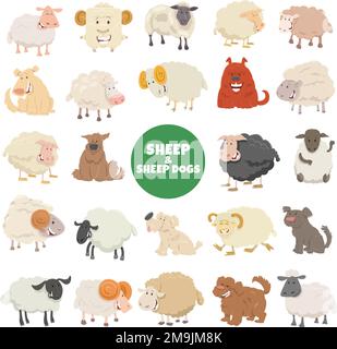 Illustration de dessin animé de moutons et de chiens de berger animaux de ferme personnages grand ensemble Illustration de Vecteur