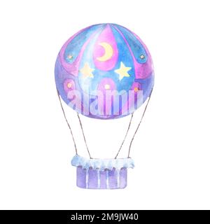 Ballon à air chaud bleu violet. Illustration aquarelle isolée sur fond blanc. Parfait pour les cartes, invitations, douche de bébé, étiquettes, impression Banque D'Images