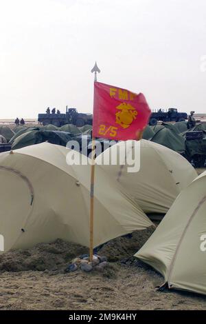 Le 2nd Bataillon, 5th Marine Regiment, 1st Marine Division de Camp Pendleton (Californie), unit des rabats de guidage dans le vent à côté de tentes personnelles dans le désert au Camp Coyote dans le nord du Koweït, pendant l'opération ENDURING FREEDOM. Objet opération/série: LIBERTÉ DURABLE base: Camp Coyote pays: Koweït (KWT) Banque D'Images