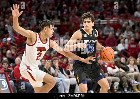 San Jose State Guard Alvaro Cardenas (13) Tries To Get Past Arkansas ...