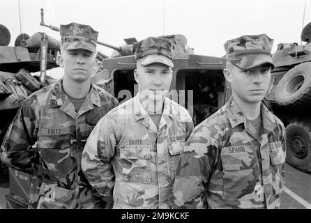 US Marine corps Reserve (USMCR) Private First Class (PFC) Fritz (à gauche), USMC Caporal (CPL) Bauer, Et USMC PFC Spann, tous affectés à A/Company, 4th Light Armored reconnaissance Battalion (LAR), pose pour une photographie devant leurs véhicules Light Armored (LAV-25), à Camp Pendleton, Californie (CA), en préparation à la mobilisation à l'appui de l'opération ENDURING FREEDOM. Base: Corps de marine base Camp Pendleton État: Californie (CA) pays: Etats-Unis d'Amérique (USA) Banque D'Images