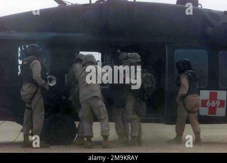 Une Marine US Marine corps (USMC) blessée affectée au régiment maritime de 7th est chargée sur un HÉLICOPTÈRE D'évacuation médicale UH-60 Black Hawk au Camp Ripper, au Koweït, pendant l'opération LIBERTÉ IRAKIENNE. (Image sous-standard). Objet opération/série: LIBERTÉ DURABLE base: Camp Ripper pays: Koweït (KWT) Banque D'Images