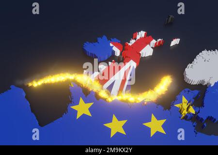 Carte des pays du Royaume-Uni et de l'UE séparés par un jet de feu. Illustration du Brexit et de ses séquelles Banque D'Images