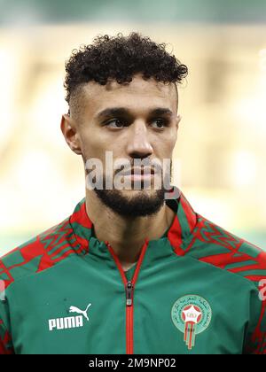 AL KHOR - Noussair Mazraoui du Maroc lors de la coupe du monde de la FIFA Qatar 2022 demi-match entre la France et le Maroc au stade Al Bayt sur 14 décembre 2022 à Al Khor, Qatar. AP | hauteur néerlandaise | MAURICE DE PIERRE Banque D'Images