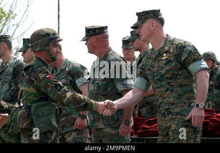 Un soldat de l'armée de la République de Géorgie affecté au bataillon de montagne 16th reçoit une poignée de main et une félicitations du major (MAJ) du corps des Marines des États-Unis (USMC) Scott Campbell, commandant du programme train et équip de la Force opérationnelle de Géorgie (GTEP), après avoir terminé la troisième phase d'entraînement tactique du programme, Au cours d'une cérémonie de certification qui s'est déroulée dans la zone d'entraînement de Krtsanisi, à Rock City, en Géorgie. Le GETEP est une initiative de formation progressive qui améliore les capacités opérationnelles de certaines unités géorgiennes afin d'accroître la sécurité des frontières de la Géorgie et de promouvoir la stabilité dans la région. Opération du sujet/se Banque D'Images