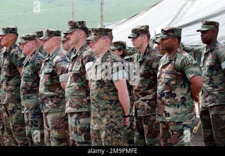 Les instructeurs militaires américains à service conjoint affectés au programme train et équip de la Force opérationnelle en Géorgie (GTEP), se tiennent en formation au début d'une cérémonie de certification, qui s'est tenue à Rock City, en Géorgie. La cérémonie marque l'achèvement de la troisième phase d'entraînement tactique, pour le soldat de l'armée de la République de Géorgie du bataillon de montagne 16th, participant au programme. Le GETEP est une initiative de formation progressive qui améliore les capacités opérationnelles de certaines unités géorgiennes afin d'accroître la sécurité des frontières de la Géorgie et de promouvoir la stabilité dans la région. Objet opération/série : base GETEP : Rock C Banque D'Images