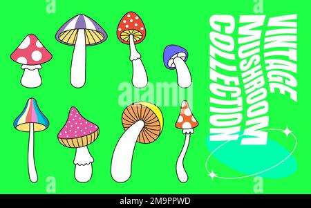 Champignons hippie trippy. Collection rétro de champignons agariques de mouche psychédélique. Ensemble de tabouret d'herbe hippy. Pack de champignons hallucinogènes de fantaisie de dessin animé vintage. Mode pop culture coloré design éléments vectoriels Illustration de Vecteur