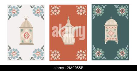 Jeu de cartes décoratives de voeux ornementales arabes, modèles d'invitation pour les vacances musulmanes Ramadan Karrem. Arrière-plans boho dessinés à la main avec lanternes Illustration de Vecteur