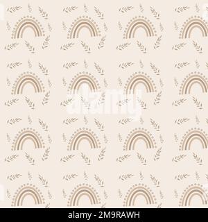 motif sans couture d'arc-en-ciel brun dessiné à la main et de feuilles sur fond beige Banque D'Images