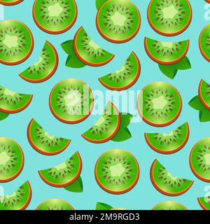 Motif sans couture avec kiwi sur fond turquoise. Kiwi demi-vert juteux. Arrière-plan lumineux. Papier peint, impression, papier d'emballage, bannière, affiche, promotion Illustration de Vecteur