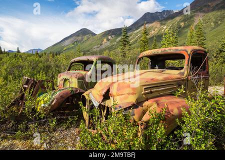 Une gamme de camions rouillés abandonnés après la guerre qui rouillent dans le désert pendant l'été dans le nord du Canada Banque D'Images