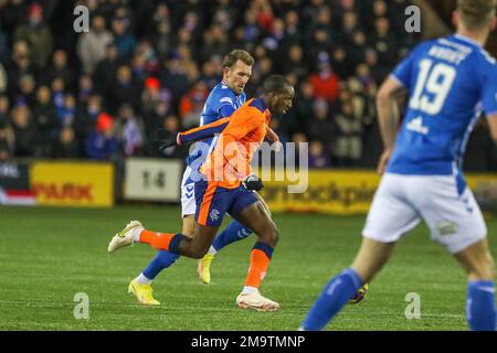 Rugby Park, Kilmarnock, Royaume-Uni. 18th janvier 2023. Lors d'un match écossais de Premiership entre Kilmarnock FC et Rangers au stade Billy Bowie BBSP Rugby Park, les Rangers ont remporté par 3 buts à 2. Les buteurs étaient Stokes (Kilmarnock) 6 minutes, Wright (Kilmarnock) 59 minutes, Morelos (Rangers) 23 minutes et 72 minutes, Kent (Rangers) 52 minutes. Armstrong (Kilmarnock) a été cardé rouge à 59 minutes. Morelos a été donné joueur du match. Crédit : Findlay/Alay Live News Banque D'Images