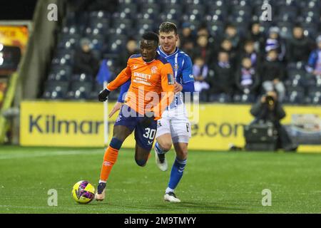 Rugby Park, Kilmarnock, Royaume-Uni. 18th janvier 2023. Lors d'un match écossais de Premiership entre Kilmarnock FC et Rangers au stade Billy Bowie BBSP Rugby Park, les Rangers ont remporté par 3 buts à 2. Les buteurs étaient Stokes (Kilmarnock) 6 minutes, Wright (Kilmarnock) 59 minutes, Morelos (Rangers) 23 minutes et 72 minutes, Kent (Rangers) 52 minutes. Armstrong (Kilmarnock) a été cardé rouge à 59 minutes. Morelos a été donné joueur du match. Crédit : Findlay/Alay Live News Banque D'Images