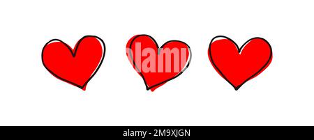 TROIS CŒURS DE DESSIN ANIMÉ DE COULEUR ROUGE AVEC TRAIT NOIR Illustration de Vecteur