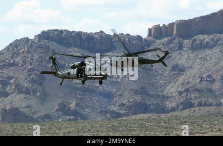 040409-F-6911G-005. [Complete] Scene Caption: Une paire de US Air Force (USAF) HH-60G Pave Hawks, 66th Rescue Squadron (RS), base aérienne de Nellis (AFB), Nevada (NV), enfermer des cibles lors d'un exercice d'entraînement en direct au feu tenu à ft. Bliss, Texas (TX). L'exercice fait partie du programme intensif de formation de cinq mois de l'École d'armes de la 57th Escadre Nellis AFB, NV. L'exercice se concentre sur les étudiants de la division d'école d'armes HH-60 effectuant des tâches de vol tout en combinant la formation intégrée avec la RS 66th dans le cadre du programme de cours. La mission de l'USAF Weapons School (USAFWS) est d'enseigner Banque D'Images