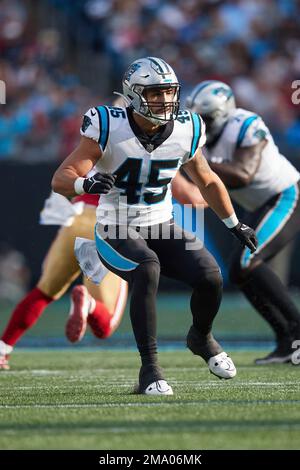 Fullback (45) Giovanni Ricci of the Carolina Panthers warms up before  playing against the Arizona Cardinals in an NFL football game, Sunday, Nov.  14, 2021, in Glendale, Ariz. (AP Photo/Jeff Lewis Stock