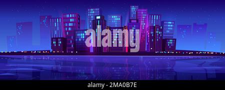 Ville moderne de nuit près de la rivière lumineuse avec des néons colorés sous le ciel de minuit avec de nombreuses étoiles. Illustration vectorielle de paysage urbain avec Illustration de Vecteur