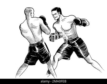 Les athlètes de boxe. Dessin noir et blanc Banque D'Images