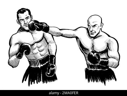 Les athlètes de boxe. Dessin noir et blanc Banque D'Images