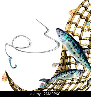 Illustration de la composition du maquereau et de l'aquarelle du fishnet isolée sur le blanc. Poisson frais, filet de pêche, crochet tiré à la main. Elément de conception pour le boîtier, l Banque D'Images