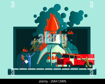 Crash de fusée, échec de démarrage, mauvaise illustration du vecteur de concept d'affaires de plan. Ordinateur portable ouvert, une fusée a pris feu au décollage et les travailleurs de l'équipe et les pompiers ont éteint le feu des tuyaux et de la voiture rouge Illustration de Vecteur