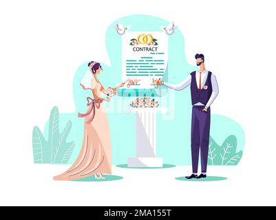 Illustration du vecteur de concept de contrat de mariage. Le couple de jeunes mariés, la mariée et le marié signent un accord de mariage au cours de la cérémonie de mariage, le mari et la femme enregistrent leurs obligations. Carte d'invitation à un mariage Illustration de Vecteur