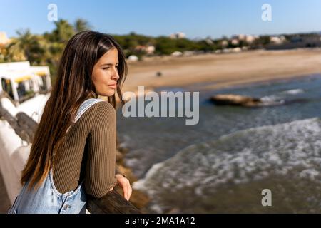 Vue latérale de la jeune femme dans des vêtements décontractés avec de longs cheveux foncés inclinés sur la rampe tout en admirant le paysage pittoresque de la mer par temps ensoleillé Banque D'Images