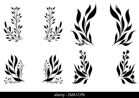 Ensemble vectoriel de couronnes monochromes avec branches et tiges avec feuilles isolées du fond. Collection de cadres naturels pour silhouette noire pour logos Illustration de Vecteur