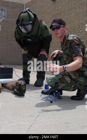 040616-F-4794N-003. [Complet] Légende de la scène: US Air Force (USAF) AIRMAN First Class (A1c) Sean McLaughlin portant la combinaison explosive Ordnance Disposal Bomb (EOD-8), Et le sergent d'ÉTAT-MAJOR de l'USAF (SSGT) Michael Becker, 509th, Escadron de génie civil (ces), vol d'élimination d'explosifs (EOD) Prenez un moment pour décrire les différentes possibilités d'exploitation et de mise en place de l'équipement de radiographie en temps réel (RTR-4), lors d'une séance d'entraînement à la base aérienne de Whiteman (AFB), Missouri (Mo). Le rôle principal du vol EOD est de soutenir l'AFB de Whiteman, le bombardier et les systèmes d'armes B-2 Spirit, local et sur Banque D'Images