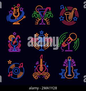 Emblèmes et signes au néon avec guitare et cocktail Illustration de Vecteur