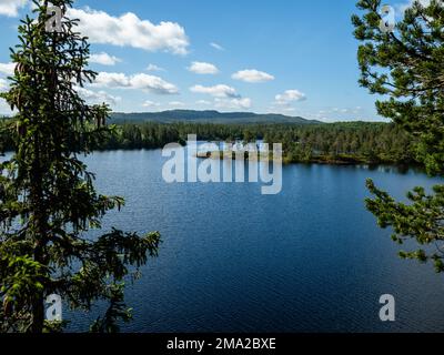 Vue sur un immense lac par une journée très chaude. Les pays nordiques sont tous dotés de paysages uniques qui ne peuvent être trouvés là-bas que, il n'est donc pas surprenant que les pays scandinaves reçoivent d'innombrables touristes toute l'année. La Suède a également plus de mille kilomètres de côtes. Tout le monde en Suède peut profiter des forêts, des montagnes, des lacs et du bord de mer grâce à la droite d'everyman. Bien au nord, les étés sont particulièrement spéciaux parce que, pendant quelques semaines, le soleil ne se couche pas du tout, toujours brillant à minuit, convertissant les paysages environnants en paysages spectaculaires. Activé Banque D'Images