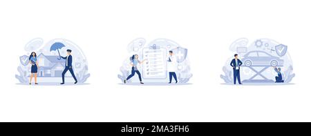 Demande d'assurance habitation, automobile et maladie. Sécurité en cas d'accidents et de risques. Investissement dans la police d'assurance pour protéger la propriété, de mettre à plat vecteur moder Illustration de Vecteur