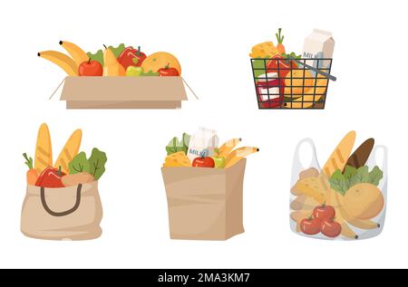 produits d'épicerie en emballage légumes fruits lait et fromage dans un sac en papier panier et dans un sac transparent Illustration de Vecteur