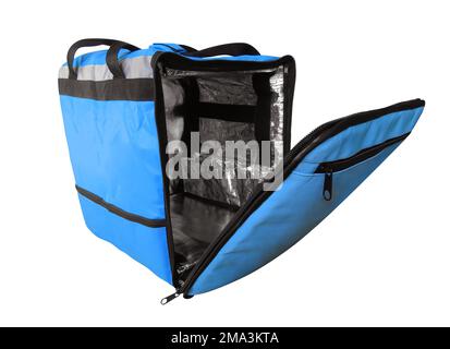 Refroidisseur de sac bleu pour le transport et le stockage de produits isolés sur fond blanc avec passe-cheveux Banque D'Images