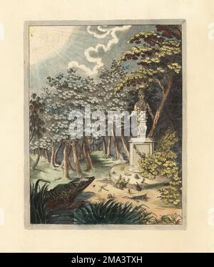 Animaux, amphibie et insectes dans une forêt défrichement avant une statue de l'Artemis d'Éphésiens à nombreuses épeses. Avec grenouille, coléoptère, lézard, escargot, libellule, papillon, crocodile et autres. Frontispice allégorique. Gravure de copperplate de couleur main de l'exposition de Moses Harris d'insectes anglais, y compris les différentes classes de Neuroptera, Hyménoptères, Diptera, ou abeilles, mouches et Libellulae, White et Robson, Londres, 1782. Banque D'Images