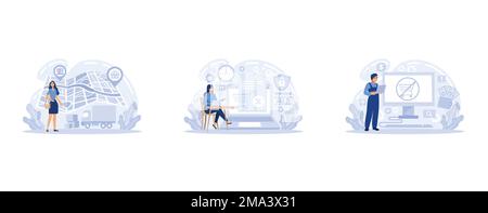 Système de suivi de colis, achats numériques, jeu d'icônes de distribution d'achats en ligne. Commande expédiée, commande fermée, commande annulée, mise en place du vecteur plat moderne Illustration de Vecteur