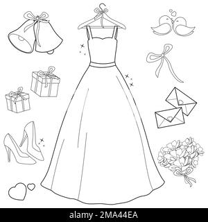 Belle robe de mariée et ensemble d'objets de mariage. Page de couleur noir et blanc Banque D'Images