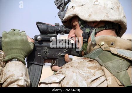 Le personnel DU corps des Marines DES ÉTATS-UNIS (USMC) du bataillon DES 1st, 8th Marines, cherche des insurgés et des armes à travers sa portée pendant l'opération Al Fajr, en soutien à l'opération LIBERTÉ IRAQUIENNE. Objet opération/série: LIBERTÉ IRAQUIENNE base: Falloujah État: Al Anbar pays: Irak (IRQ) Banque D'Images