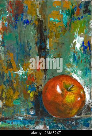 Une pomme rouge devant un arrière-plan abstrait. Peinture d'art acrylique sur toile. Banque D'Images