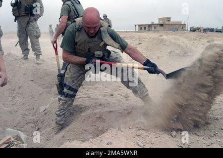 LES Marines du corps DES Marines DES ÉTATS-UNIS (USMC) affectées au bataillon des ingénieurs de combat 2nd, rattaché au bataillon 3rd, 8th Marines, creusent pour déterrer une énorme cache d'armes découverte en dehors de Kharma, Irak. La Division maritime DE 1st est actuellement engagée dans des opérations de sécurité et de stabilisation (SASO) dans la province d'Al Anbar en Iraq pour appuyer l'opération LIBERTÉ IRAQUIENNE. Objet opération/série: LIBERTÉ IRAQUIENNE base: Al Kharma État: Al Anbar pays: Irak (IRQ) Banque D'Images