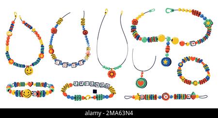 Collier pour enfants. Réalisé à la main groovy enfant perles bracelet pendentif style de dessin animé, fait à la main brillant hippie accessoires de bricolage concept hobby. Ensemble de vecteurs Illustration de Vecteur