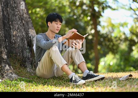 Paisible jeune asiatique étudiant lisant un livre dans le parc, préparant pour les examens à l'université ou au collège Banque D'Images