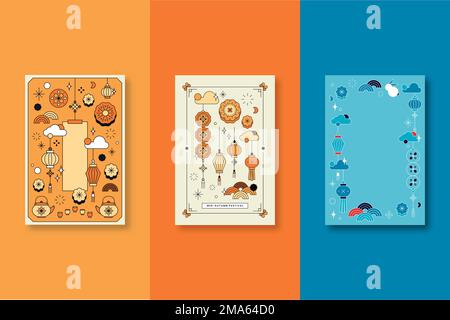Ensemble de vecteurs d'arrière-plan du festival de la mi-automne chinois orange et bleu Illustration de Vecteur