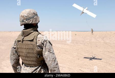 US Marine corps (USMC) le caporal de lance (LCPL) David Fierro, 2nd Bataillon de police militaire (MP) (BN), Bravo Company (B CO), 5th peloton (PLT), lance le véhicule aérien sans pilote Dragon Eye (UAV) le long de la MSR (route principale d'approvisionnement) Lyman Road. Le Dragon Eye est un petit avion guidé par des ordinateurs et fournit une vidéo en temps réel du terrain en dessous. Les Marines utilisent le Dragon Eye pendant leur patrouille pour trouver des IED (dispositif explosif improvisé) ou des personnes suspectes voyageant sur les routes. Base: Camp Al Taqaddum État: Al Anbar pays: Irak (IRQ) Banque D'Images