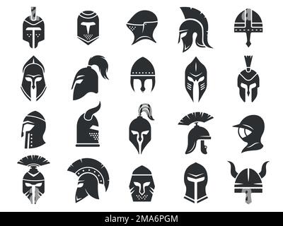 Casques anciens. Armure de barre de chevalier guerrier médiéval, silhouettes noires de gladiateur viking croisé spartan protection de harnais. Ensemble vectoriel isolé Illustration de Vecteur