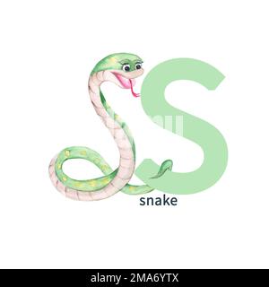 Lettre S, serpent, animal mignon des enfants, alphabet ABC. Illustration aquarelle isolée sur fond blanc. Peut être utilisé pour l'alphabet ou les cartes pour les enfants Banque D'Images