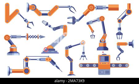 Bras robot industriel. Manipulateur manuel électronique robotique avec pièces de machine, concept de fabrication de voiture de procédé d'automatisation. Ensemble de plan vectoriel Illustration de Vecteur