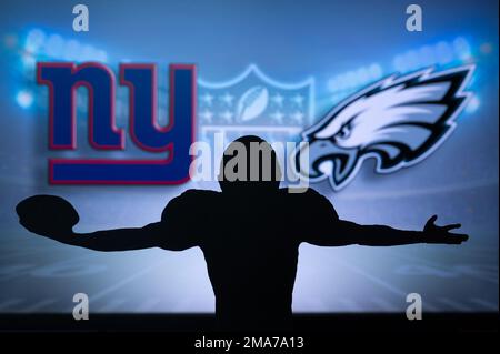 PHILADELPHIE, USA, 18 JANVIER 2023: New York Giants contre Philadelphia Eagles. NFL Divisional Round 2023, Silhouette du joueur de football américain de la NFL Banque D'Images