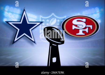 SAN FRANCISCO, États-Unis, 18 JANVIER 2023 : Dallas Cowboys contre San Francisco 49ers. NFL Divisional Round 2023, Silhouette of Vince Lombardi Trophée for the W Banque D'Images